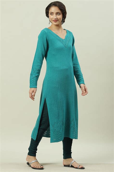 Aqua Blue Acrylic Straight Yarndyed Kurta