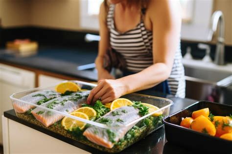 Woman packing citrus marinated fish into meal prep containers | Premium ...