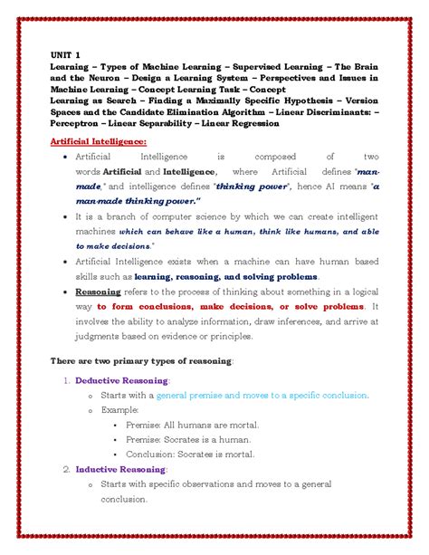 ML UNIT 1: Types of Machine Learning and System Design - Studocu