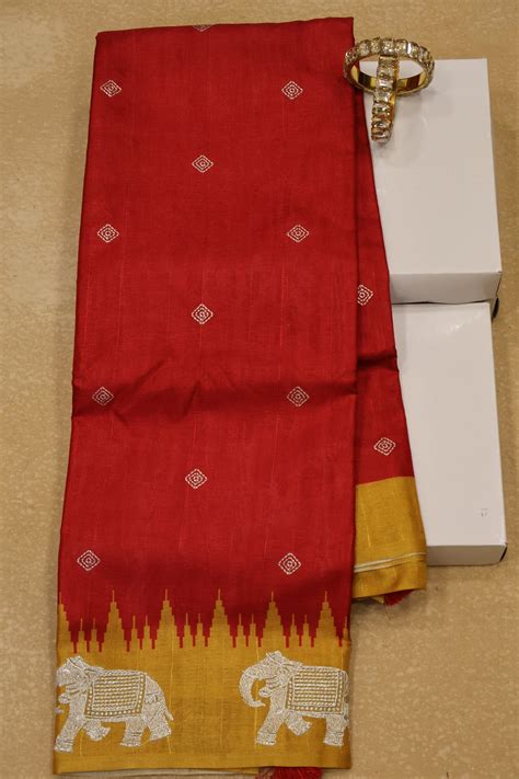 Mulberry Tussar Saree-Red Zari Elephant – Charvi Boutique