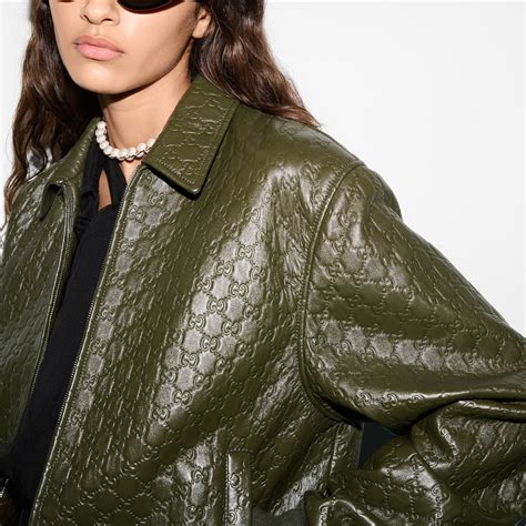 Embossed GG leather bomber jacket in dark green | GUCCI® US