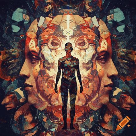 Abstract digital art representing schizophrenia with a silhouetted ...