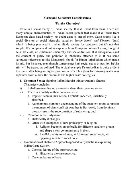 Caste and Subaltern Consciousness - It is different from class. There ...