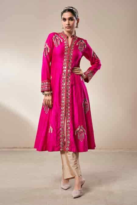 Buy Pink Cotton, Silk, Linen Embroidery Mandarin Thread Jacket Anarkali ...