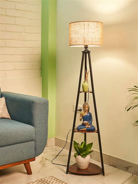 Crosscut Furniture LED Tripod Floor Lamp with 3 Shelves, Brown Jute ...