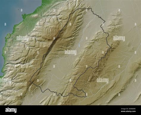Baalbek-Hermel, governorate of Lebanon. Elevation map colored in wiki style with lakes and ...