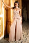 Buy Pink Net, Crepe Pearls, Sequins V-neck Embellished Kurta Sharara ...