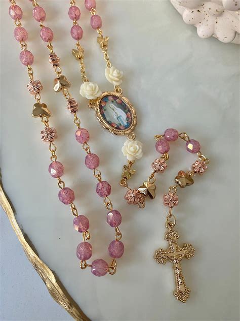 Catholic Rosary Pink Beads Gold Plated Premium Quality - Etsy Canada ...