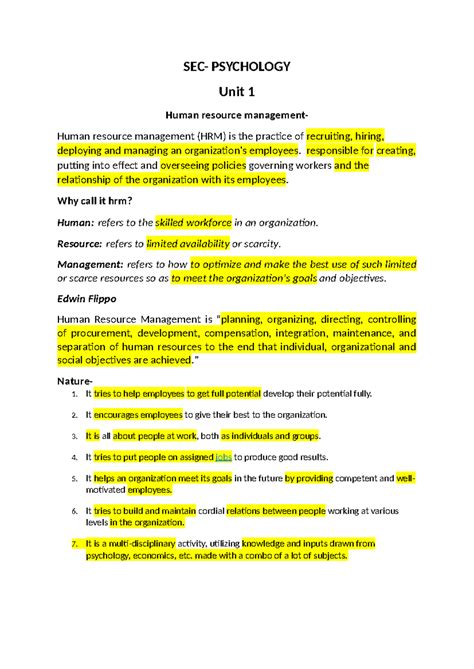 SEC - SEC- PSYCHOLOGY Unit 1 Human resource management- Human resource ...