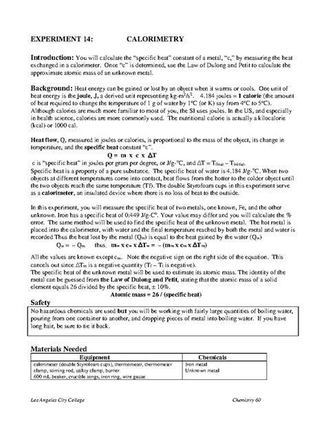 Experiment 14 - Hahshshsh - EXPERIMENT 14: CALORIMETRY Introduction ...