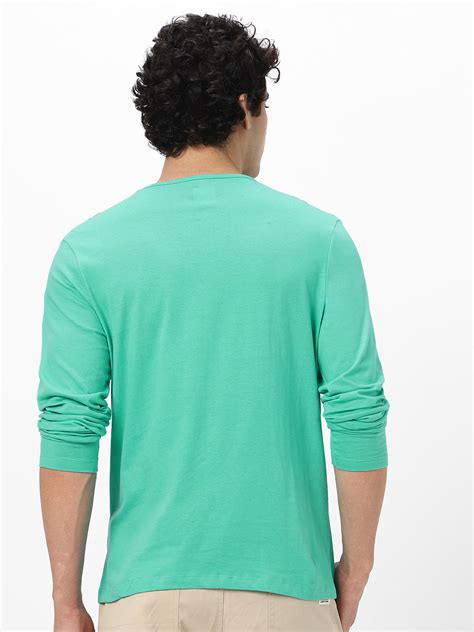 Men's Teal Green Solid Henley Neck Slim Fit Full Sleeve Cotton T-Shirt ...