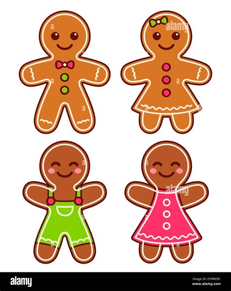 Set of cute cartoon gingerbread man and woman cookies. Christmas vector ...