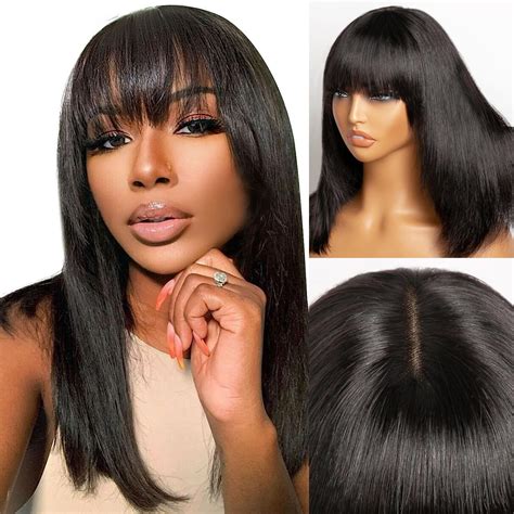 Amazon.com : GORGIUS Glueless Black Wig with Bangs Long Straight ...