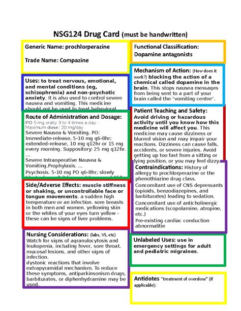 Prochlorperazine Compazine module 4 - NSG124 Drug Card (must be handwritten) Nursing ...