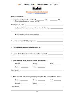 Fillable Online bccc Needs Assessment Form - Baltimore City Community ...