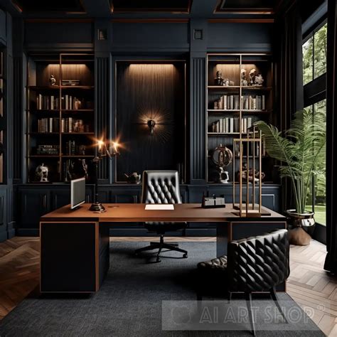 Elegant and Luxurious Home Office Photo Modern Design in Black, Gol...