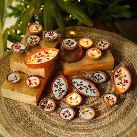 Buy Set of 20 | Soy Wax & Dry Flower Terracota Festive Diyas Online On ...