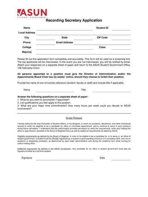 Fillable Online Recording Secretary Application - ASUN Fax Email Print ...