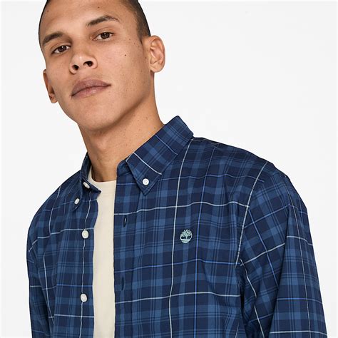 Stretch Poplin Check Shirt for Men in Dark Blue