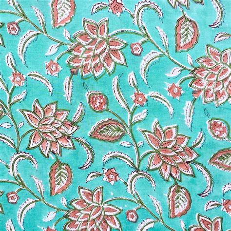 Pure Cotton Jaipuri Sea Blue With Dark Peach Flower Jaal Hand Block Pr ...