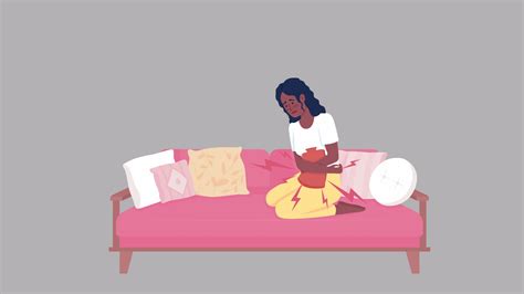 Animated character relieves cramps. Woman overcome period pain. Full body flat person on grey ...