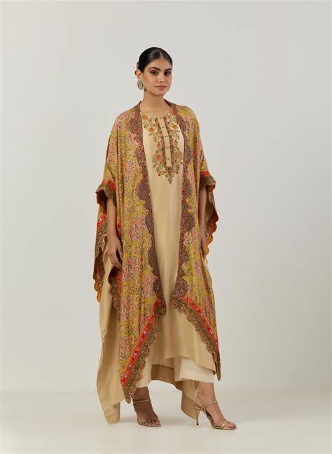 Mustard Mughal Print Cape And Kaftan – Debyani