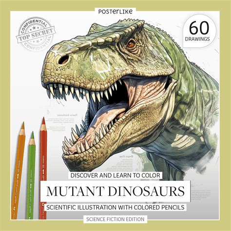 Discover and Learn to Color Mutant Dinosaurs. Scientific Color Illustration - Posterlike