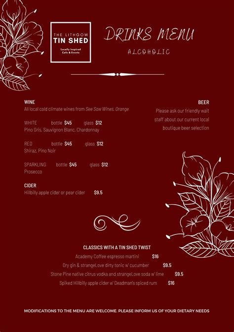 Menu at The Lithgow Tin Shed cafe, Lithgow, 69 Bridge St