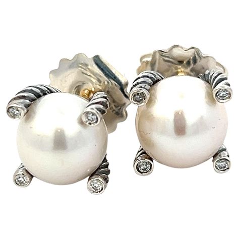 David Yurman Authentic Estate Diamond Pearl Stud Earrings 14 mm Silver ...
