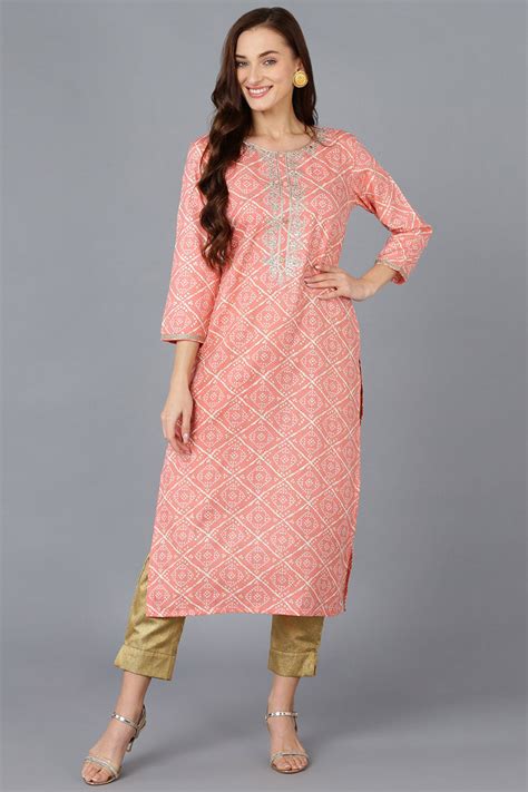 Peach Silk Blend Bandhani Embroidered Straight Kurta - Ahika