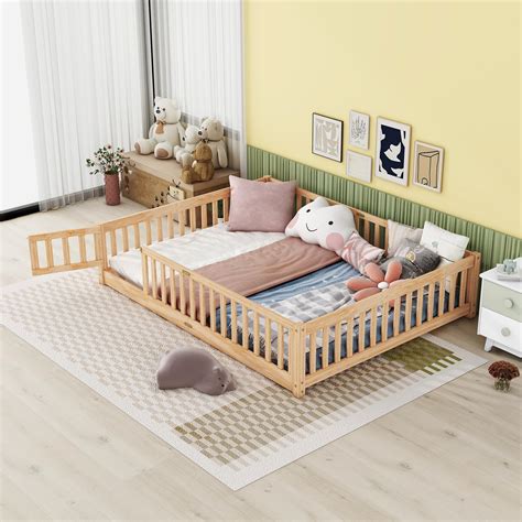 Amazon.com: Harper & Bright Designs Queen Floor Bed with Fence and Door ...