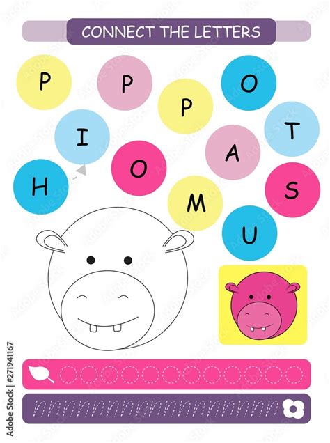 Vetor Connect the letters - Hippopotamus. Printable worksheet for ...