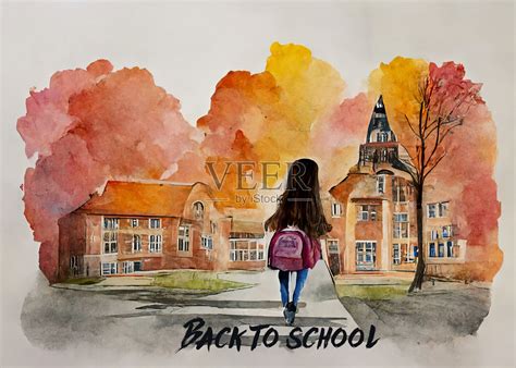 回到学校主题。背双肩包的女孩要去上学插画图片素材_ID:424868140-Veer图库