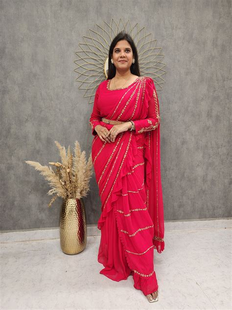 Ps cherry red drape ruffles saree – MODERNSAHIBA