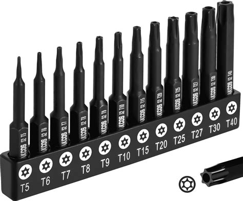 DAKCOS T5 - T40 Tamper Proof Torx Bit Set, 12-Piece Security Star Bits, 50mm Long, Premium S2 ...