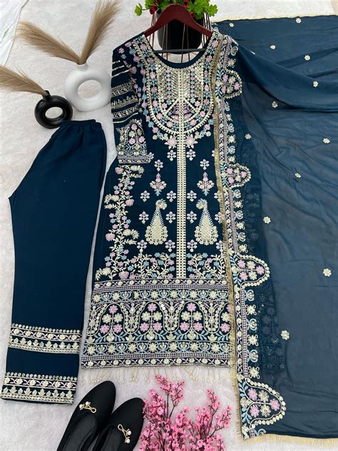 Demanding Embroidery Sequence Work Teal Blue Color Anarkali Suit ...