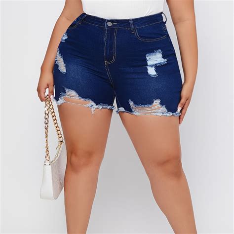 Plus Size High Waist Solid Ripped Shorts, Women's Button Fly Denim ...