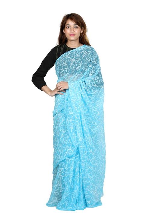 Grace Collections Lucknow Chikan Chiffon Saree Tepchi Work Hand Crafted ...