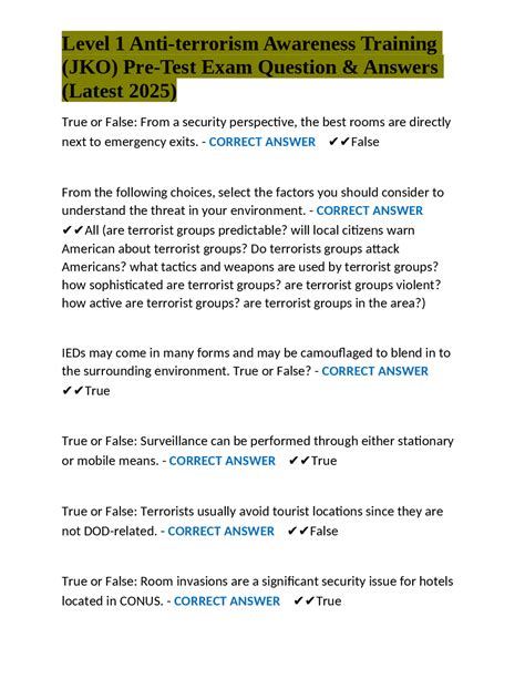 Level 1 Anti-terrorism Awareness Training (JKO) Pre-Test Exam Question ...