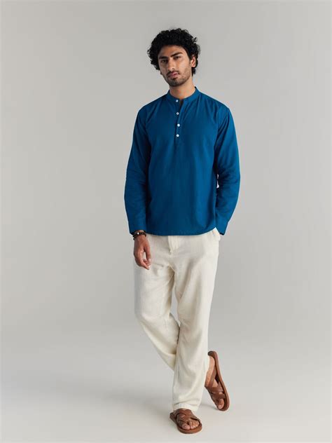 Men Turquoise Airy Linen Short Kurta