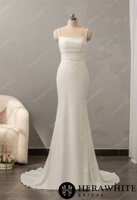 In Stock/ Classic Crepe Fit and Flare with Square Neckline Wedding Dress