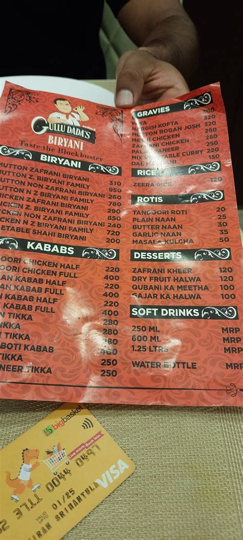 Menu at Gullu Dada's Biryani, Hyderabad, 8-1-299/94/1