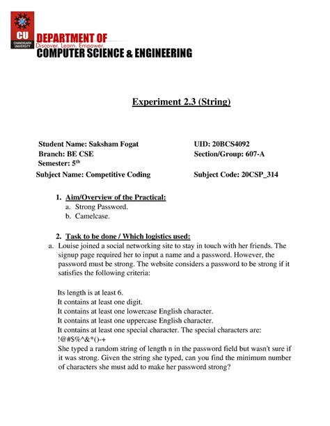 20BCS4092 CC 2 - work - COMPUTER SCIENCE & ENGINEERING Experiment 2 ...