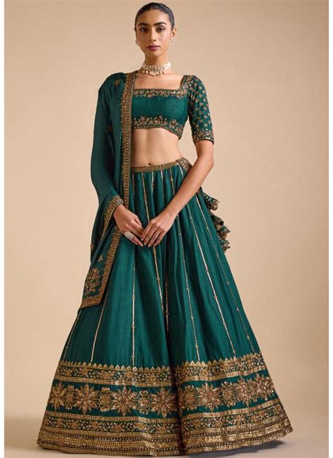 Attractive Sequence Embroidery Work Bottle Green Silk Lehenga Choli ...