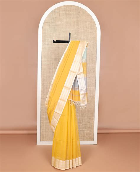 Yellow maheshwari cotton saree with contrast floral zari design border