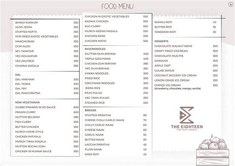 Menu at The Eighteen, Indore