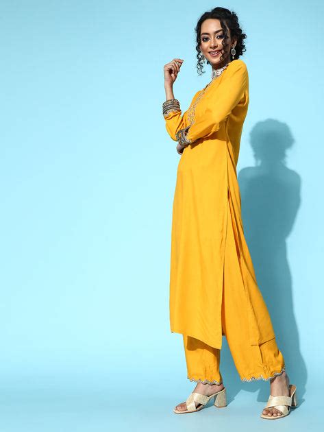 Women Yellow Embroidered Straight Kurta With Plazo & Dupatta – Nayo ...