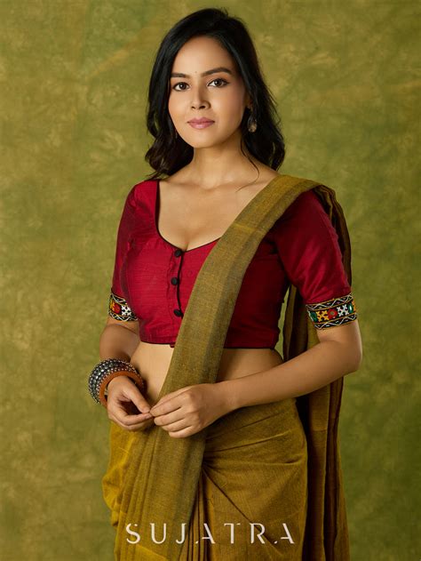 Rich maroon cotton blouse with intricate Kutch mirror embroidery – Sujatra