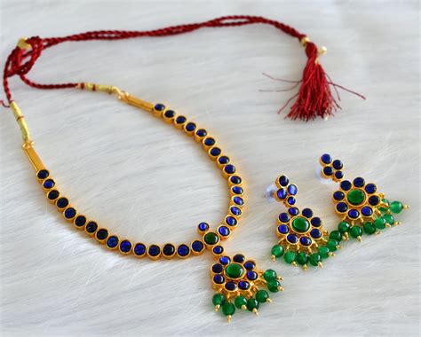 Gold tone blue-green kemp attigai/necklace set dj-42983 – dreamjwell