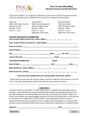 Fillable Online Pasco County Utility Billing Electronic Funds Transfer ...